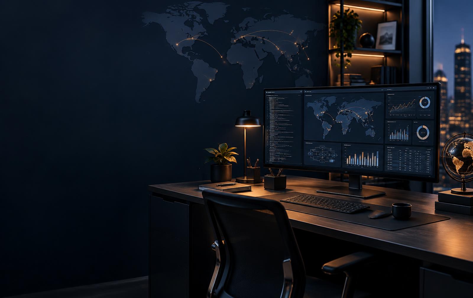 Enterprise technology workspace with global systems dashboards